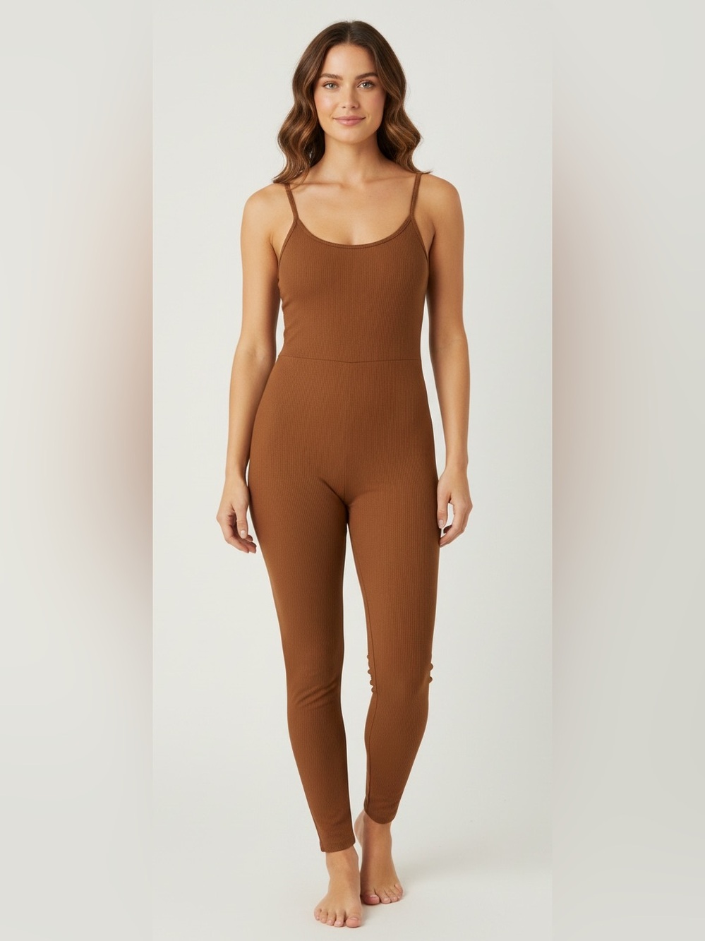 wild fable Rust Brown Ribbed Slim-Strap Jumpsuit